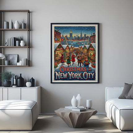Vintage "Christmas in New York City" poster with skyscrapers and street vendors.