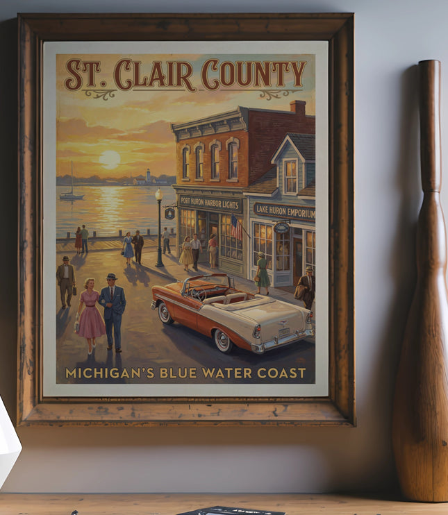 St. Clair County, Michigan's Blue Water Coast poster with vintage car and storefronts.
