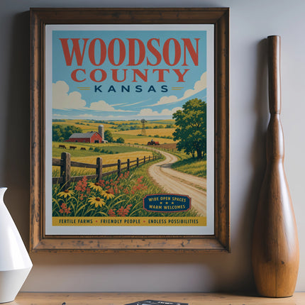 Woodson County Kansas travel poster with farms, fields, and text.