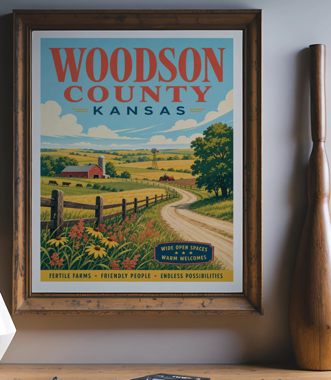 Woodson County Kansas travel poster with farms, fields, and text.