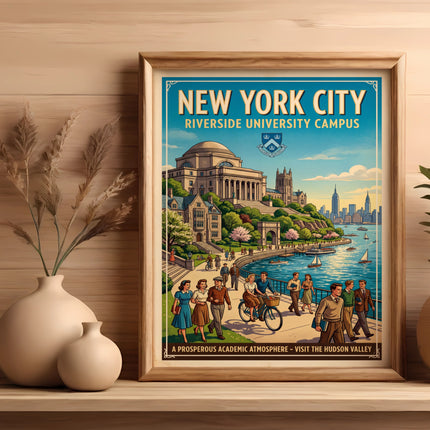 New York City Riverside University Campus poster with people by the Hudson River.