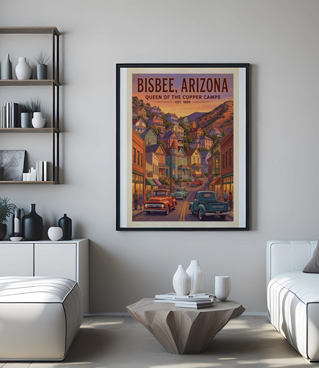 Poster of Bisbee, Arizona with vintage cars and buildings on a hillside.