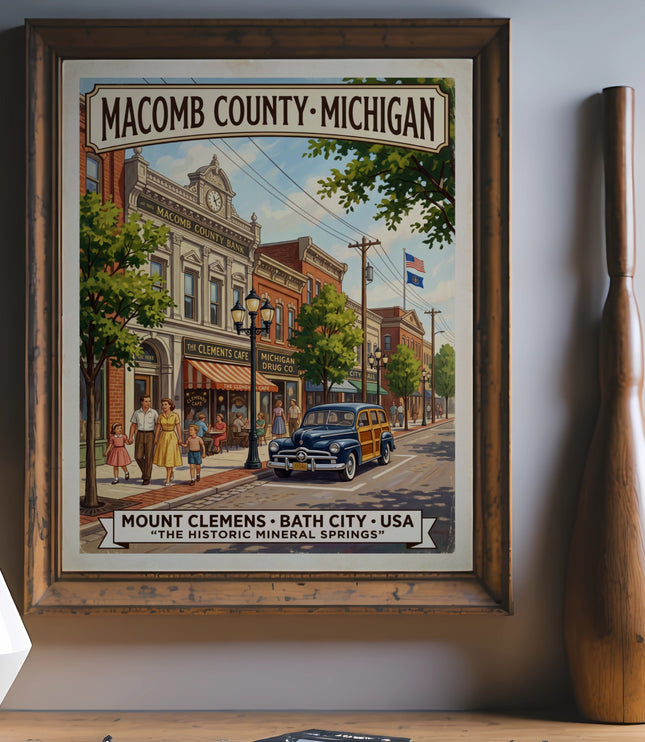 Vintage travel poster for Mount Clemens, Bath City, Michigan, depicting a street scene.