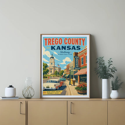 Vintage-style poster for Trego County, Kansas, showing a street scene.
