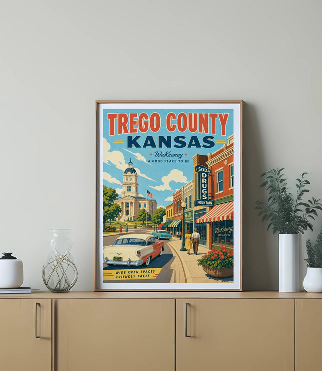 Vintage-style poster for Trego County, Kansas, showing a street scene.