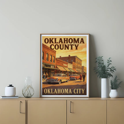 Retro poster of Oklahoma County, Oklahoma City featuring vintage cars and buildings.