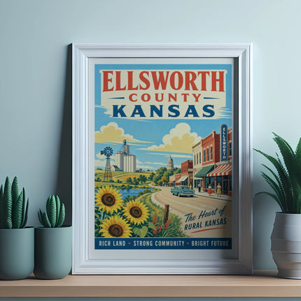 Ellsworth County Kansas retro travel poster with text and cityscape.