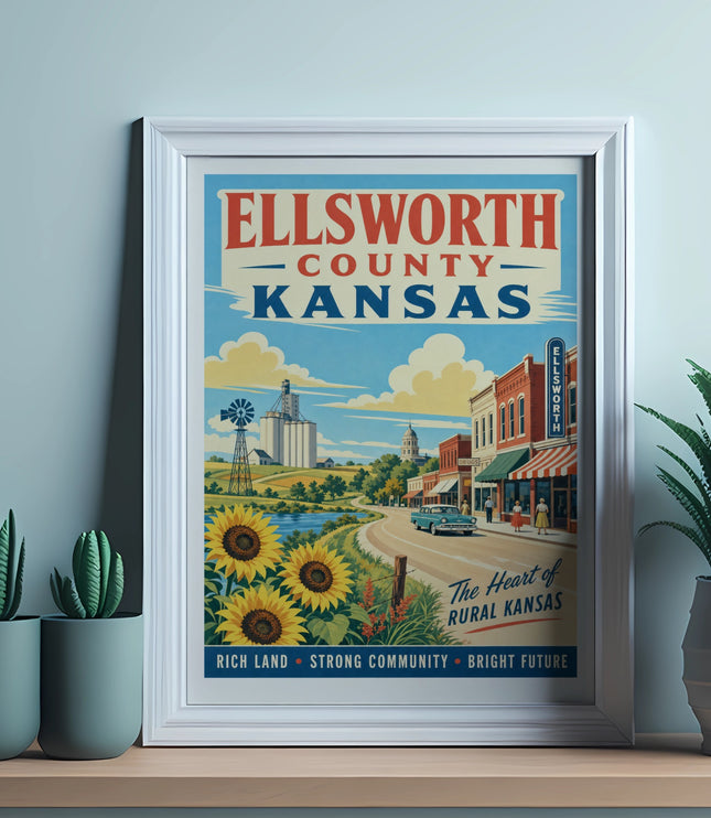 Ellsworth County Kansas retro travel poster with text and cityscape.