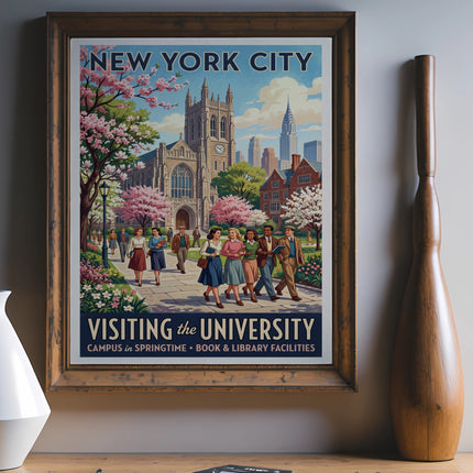 Vintage New York City poster of a university campus in springtime.