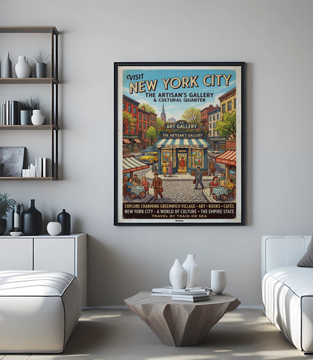 Vintage New York City poster showcasing Greenwich Village, art galleries, and cafes.