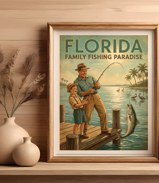 Florida Family Fishing Paradise vintage poster with father and son catching a fish.