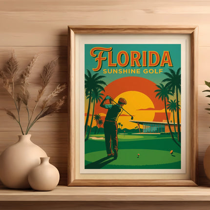 Framed vintage "Florida Sunshine Golf" poster depicts a golfer at sunset.