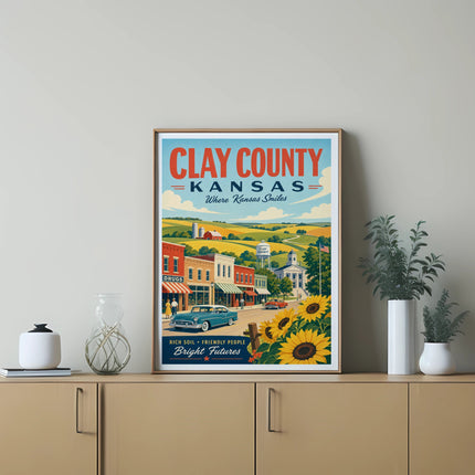 Clay County Kansas poster with "Where Kansas Smiles" and vintage cars.