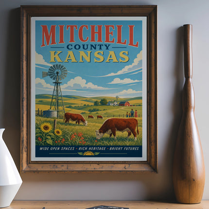 Vintage poster: Mitchell County, Kansas, with windmill, fields, cows, and farm buildings.