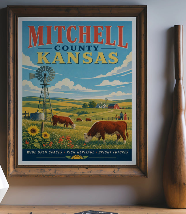 Vintage poster: Mitchell County, Kansas, with windmill, fields, cows, and farm buildings.