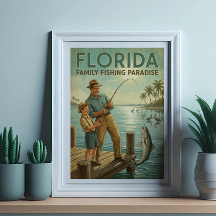 Vintage Florida fishing poster with father and son on a dock.