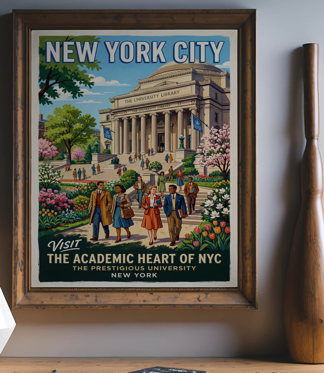 Retro New York City poster depicts Columbia University Library with students visiting.