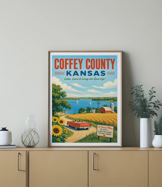Coffey County Kansas poster with text "Lakes, Land & Living the Good Life!"