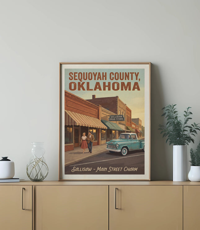 Sequoyah County, Oklahoma poster with a vintage truck and Sallisaw charm.