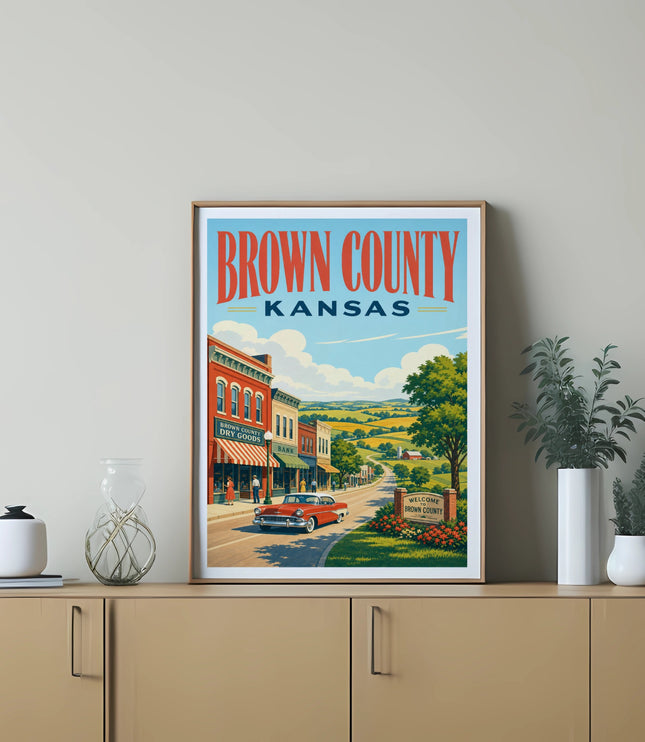 Brown County Kansas vintage travel poster with red car and rolling hills.