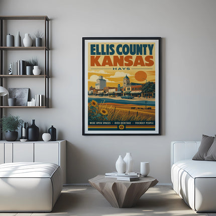 Poster for Ellis County, Kansas, featuring fields and text "Hays Wide Open Spaces Rich Heritage Friendly People".