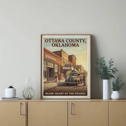 Retro poster of Ottawa County, Oklahoma, town scene with buildings and a truck.