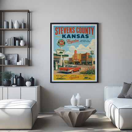 Vintage poster for Hugoton, Kansas featuring a Sinclair gas station and car.