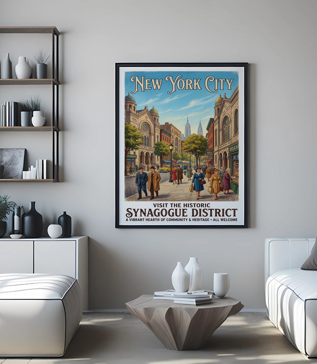 New York City Synagogue District vintage travel poster with people and buildings.
