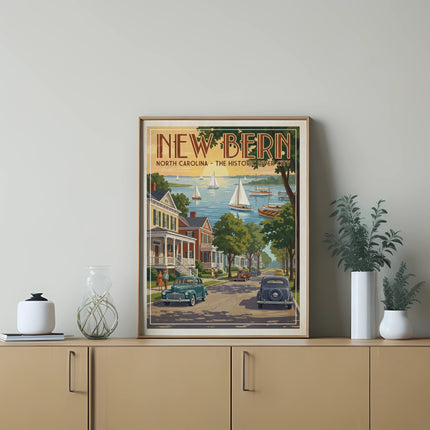 "New Bern North Carolina - The Historic River City" vintage travel poster in a wooden frame.