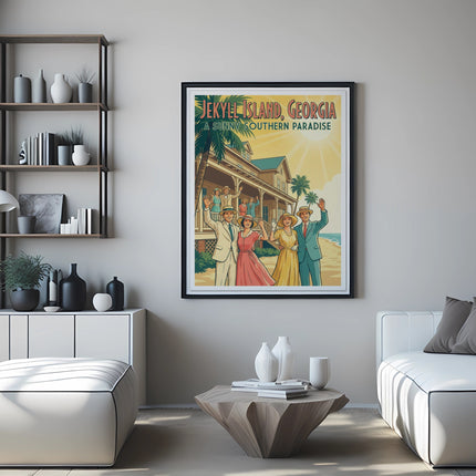 Vintage travel poster for Jekyll Island, Georgia, featuring a sunny southern paradise.