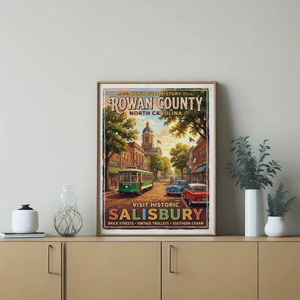 Rowan County North Carolina retro poster featuring historic Salisbury with trolley and cars.