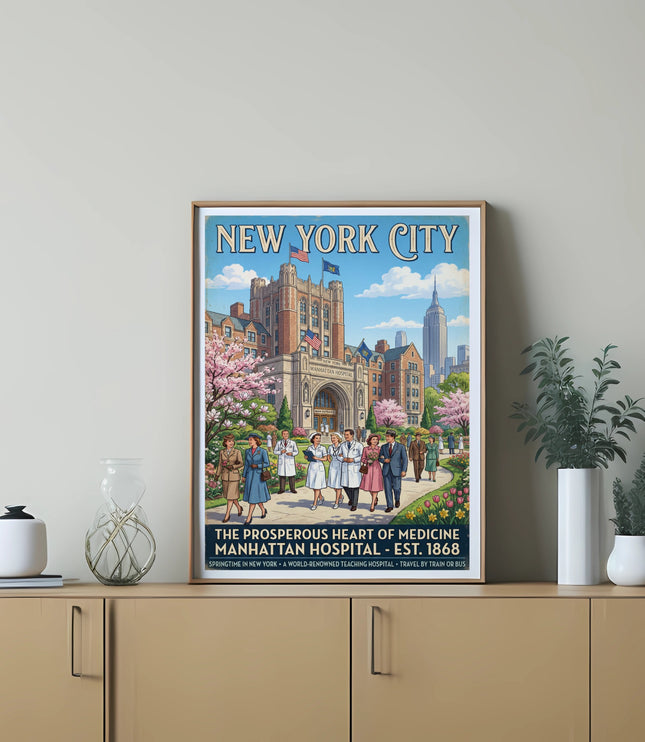 New York City, Manhattan Hospital poster with group, Empire State Building, and period people.