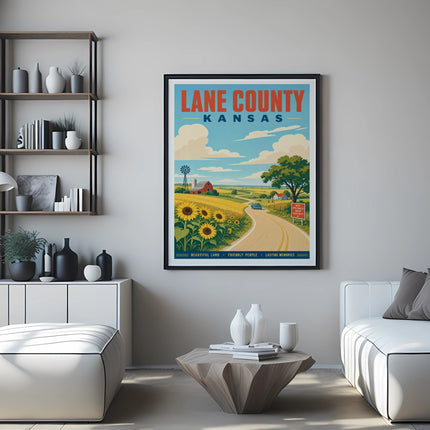 "Lane County Kansas" poster featuring a landscape with sunflowers, windmill, and rural road.