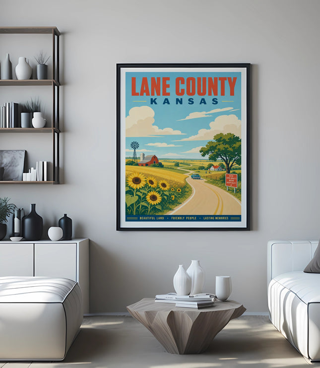 "Lane County Kansas" poster featuring a landscape with sunflowers, windmill, and rural road.