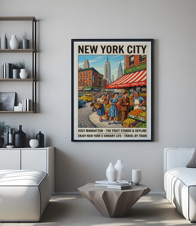 "New York City" poster featuring street scene with Empire State Building and fruit stand.