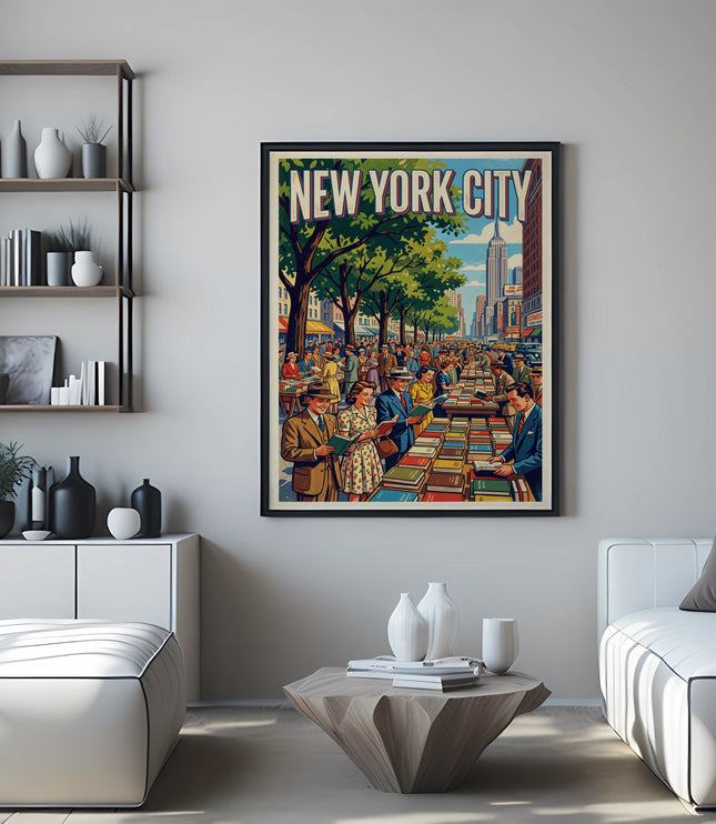 Framed "New York City" poster depicts a busy street with booksellers and people browsing.