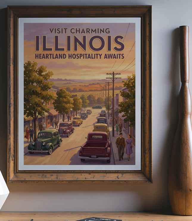 Vintage Illinois travel poster reading "Visit Charming Illinois Heartland Hospitality Awaits."