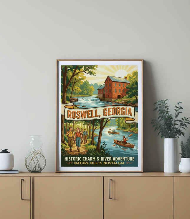 Roswell, Georgia vintage travel poster with river, mill, kayakers, and hikers.