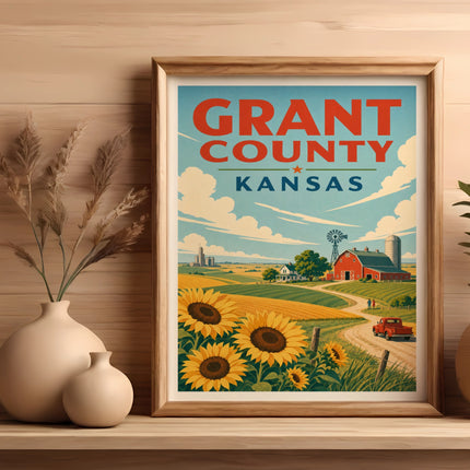 Grant County, Kansas art print featuring sunflowers, a barn, and a red truck.