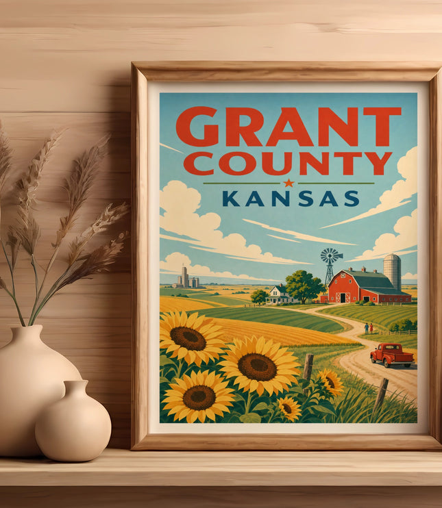 Grant County, Kansas art print featuring sunflowers, a barn, and a red truck.