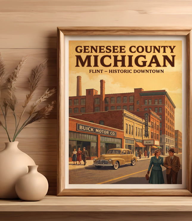 Genesee County, Michigan vintage poster showing Buick Motor Co. and Durant Hotel.