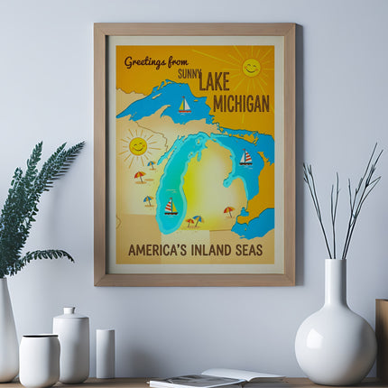 Framed postcard for Lake Michigan, featuring sun, water, and boats.