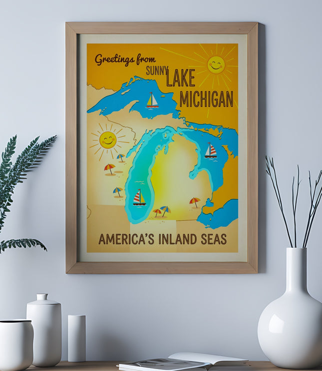 Framed postcard for Lake Michigan, featuring sun, water, and boats.