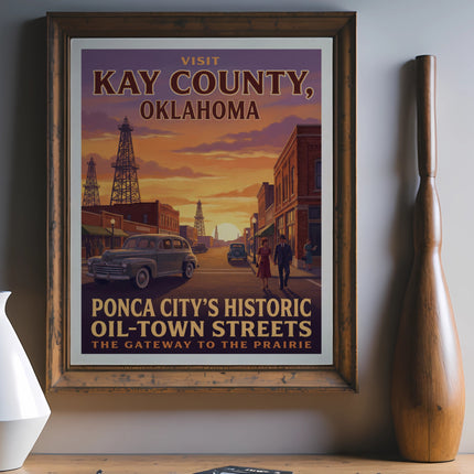 Visit Kay County, Oklahoma poster showing oil derricks and vintage cars on streets.