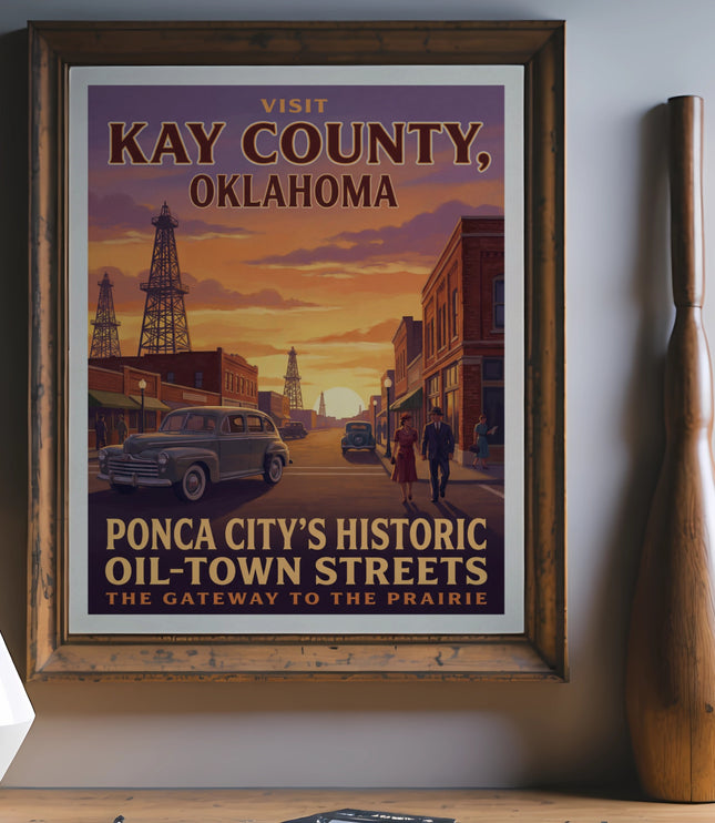 Visit Kay County, Oklahoma poster showing oil derricks and vintage cars on streets.