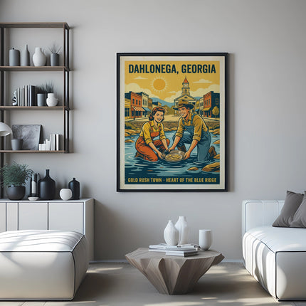Dahlonega, Georgia gold rush town poster with sun, people panning for gold.