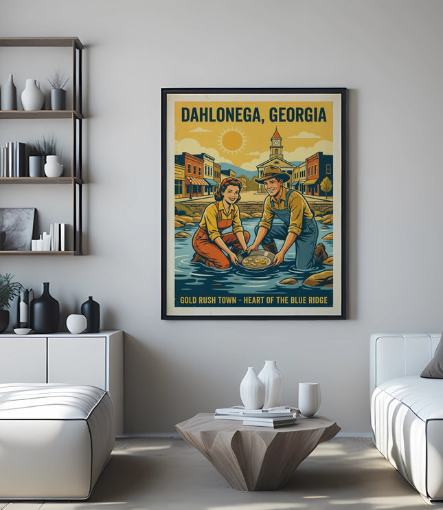 Dahlonega, Georgia gold rush town poster with sun, people panning for gold.