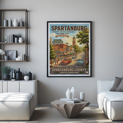 Framed poster of Spartanburg, South Carolina, showing downtown buildings and a clock tower.