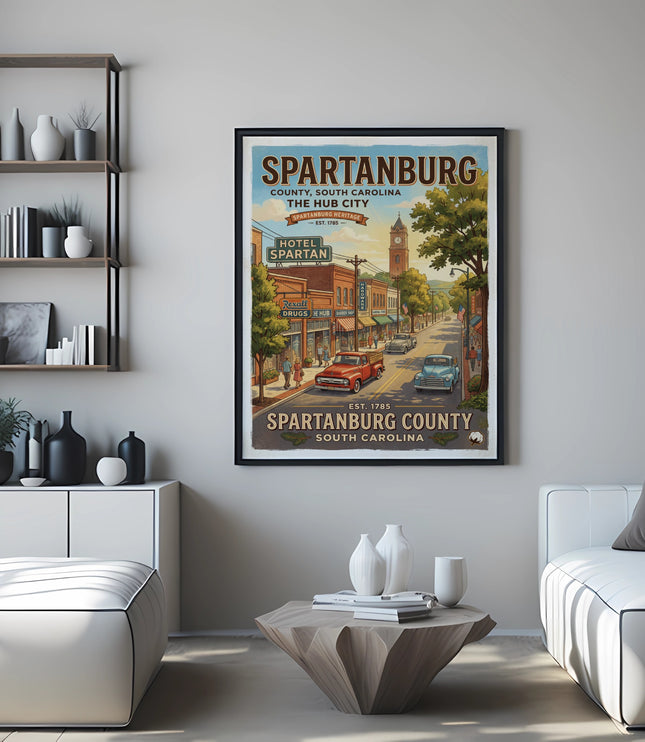 Framed poster of Spartanburg, South Carolina, showing downtown buildings and a clock tower.