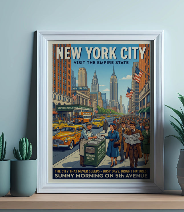 New York City Vintage Travel Poster depicting a sunny morning on 5th Avenue.